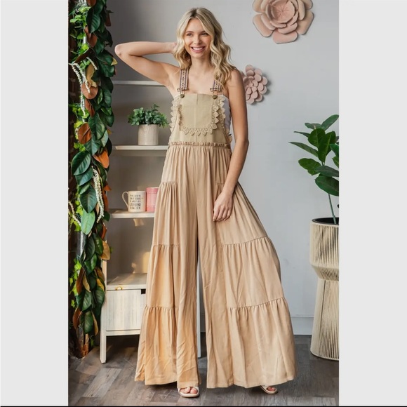 Beige brown khaki ruffle lace embroidered overall flare boho leg wide jumpsuit - Picture 12 of 12